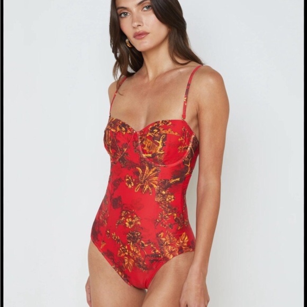 L'Agence Amie Red Jungle Underwire Bandeau One-Piece Swimsuit